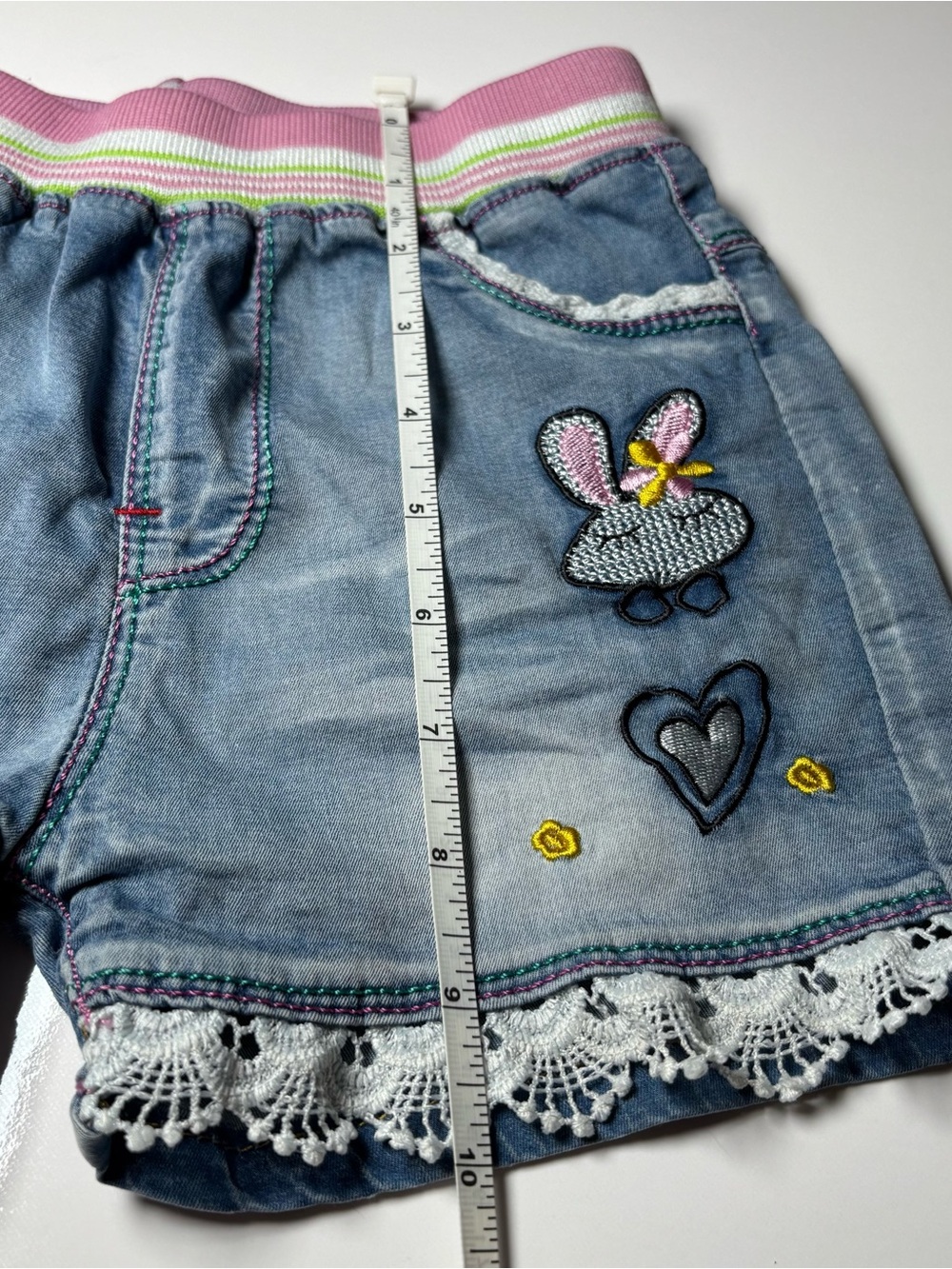 Girls Light Wash Denim Bunny Shorts Eyelet Lace Trim Elastic Waist Kawaii - Picture 10 of 10